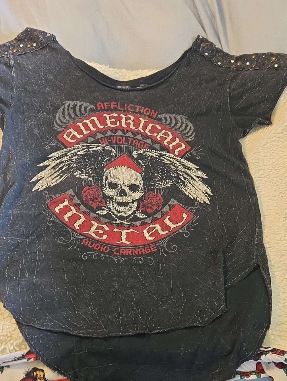 Affliction Black Short Sleeve Tee with Red and White Graphic